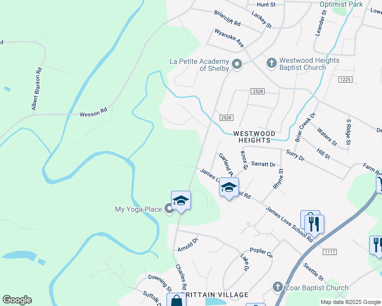 map of restaurants, bars, coffee shops, grocery stores, and more near 1550 Charles Road in Shelby