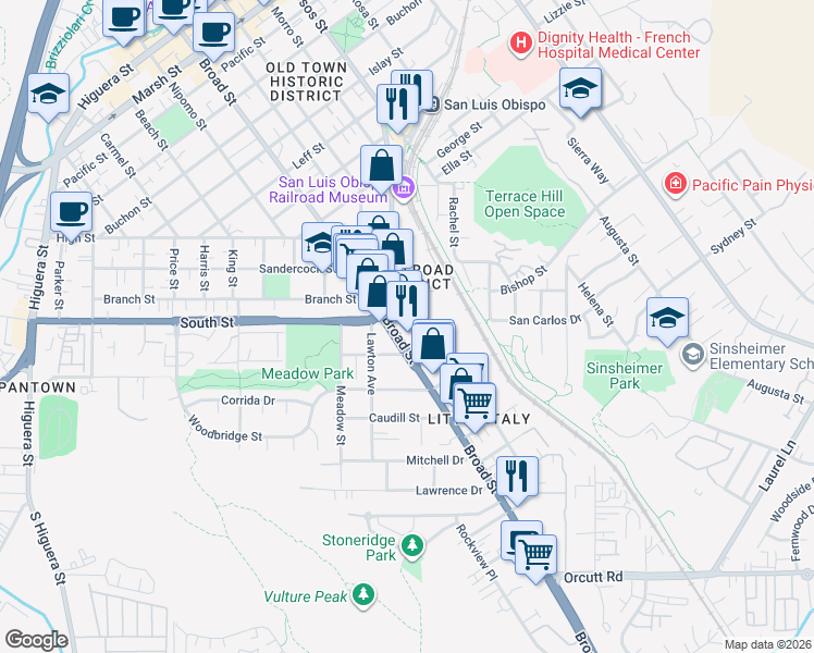 map of restaurants, bars, coffee shops, grocery stores, and more near 2260 Emily Street in San Luis Obispo