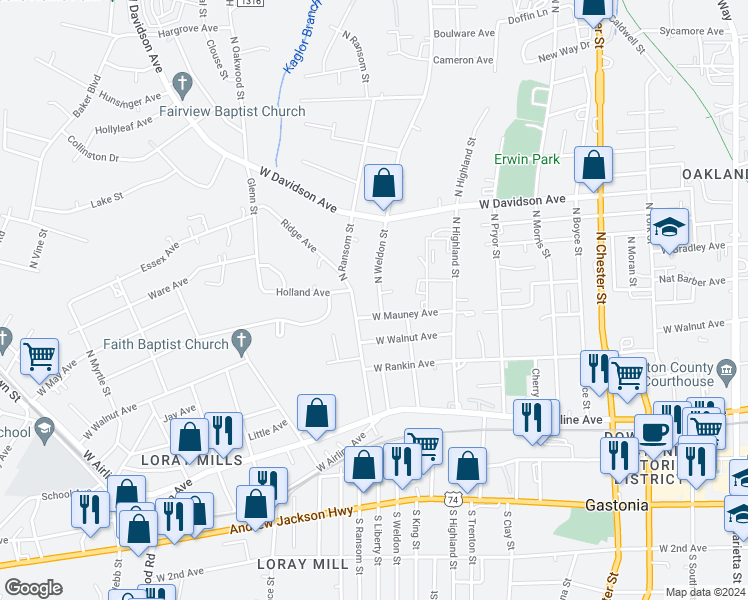 map of restaurants, bars, coffee shops, grocery stores, and more near 509 North Weldon Street in Gastonia