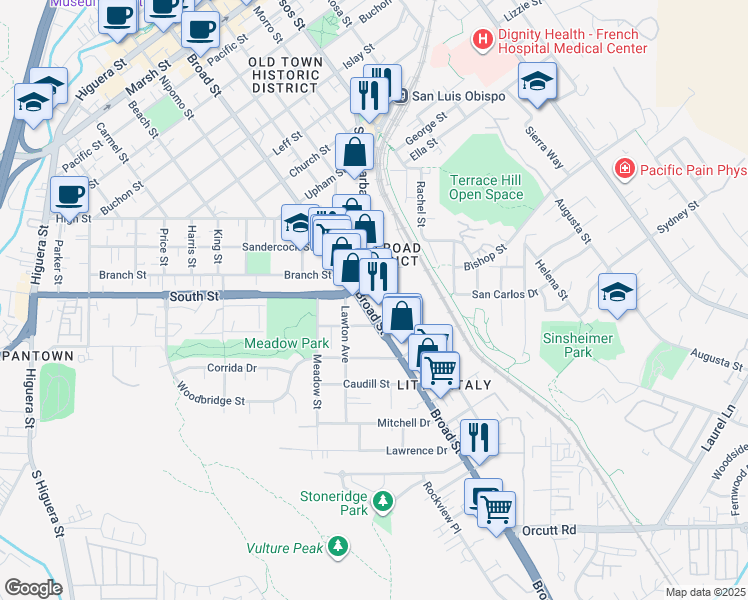 map of restaurants, bars, coffee shops, grocery stores, and more near 2238 Broad Street in San Luis Obispo