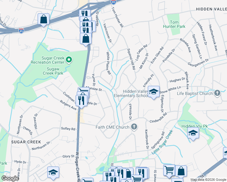 map of restaurants, bars, coffee shops, grocery stores, and more near 4626 Hidden Valley Road in Charlotte
