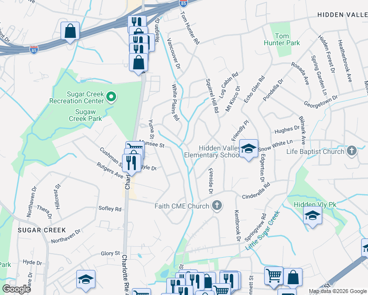 map of restaurants, bars, coffee shops, grocery stores, and more near 4626 Hidden Valley Road in Charlotte
