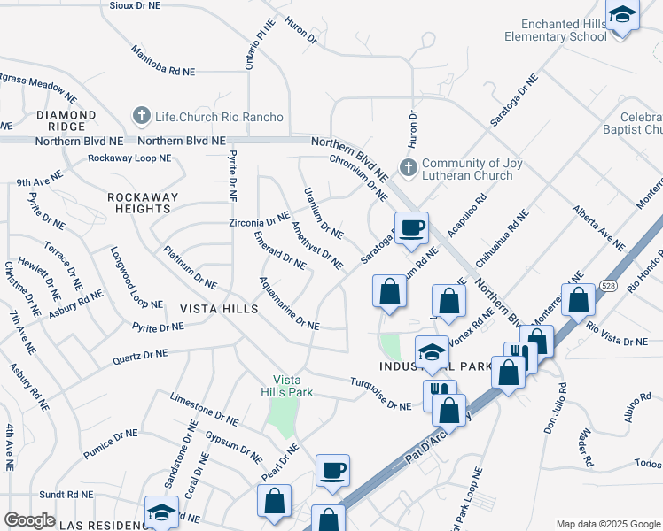 map of restaurants, bars, coffee shops, grocery stores, and more near 713 Amethyst Drive Northeast in Rio Rancho