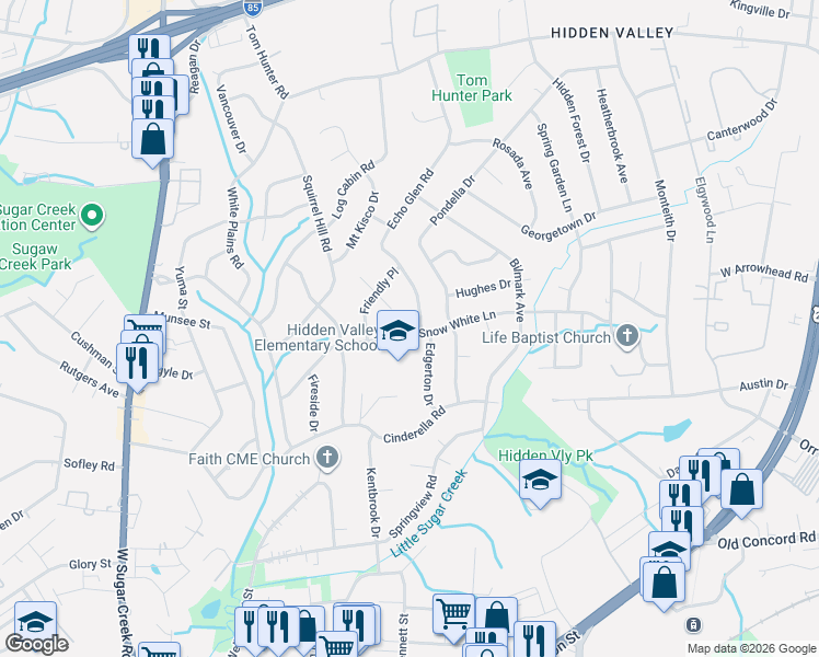 map of restaurants, bars, coffee shops, grocery stores, and more near 5137 Snow White Lane in Charlotte