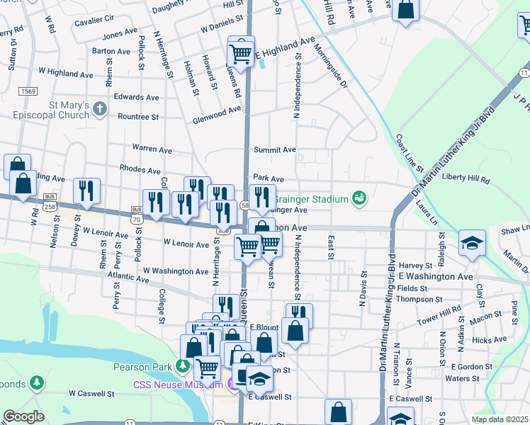 map of restaurants, bars, coffee shops, grocery stores, and more near 109 East Grainger Avenue in Kinston