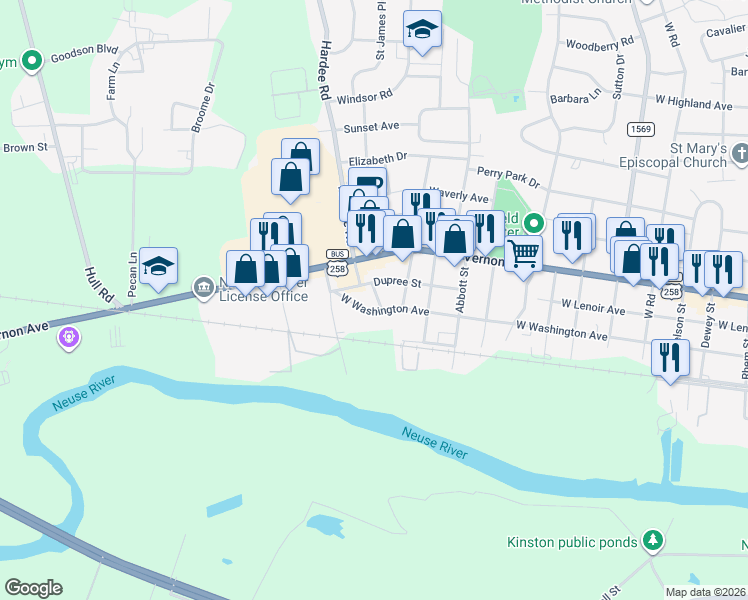 map of restaurants, bars, coffee shops, grocery stores, and more near 606 Spence Drive in Kinston