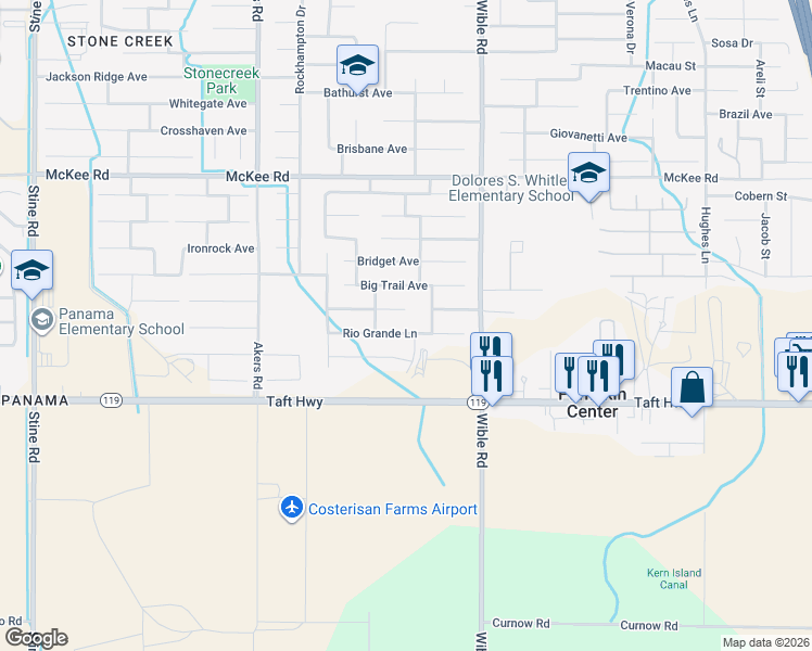 map of restaurants, bars, coffee shops, grocery stores, and more near 3510 Rio Grande Lane in Bakersfield