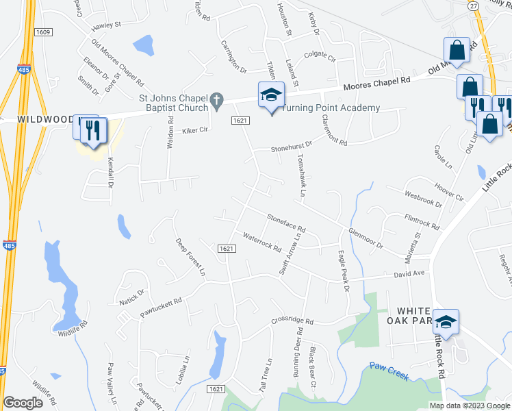 map of restaurants, bars, coffee shops, grocery stores, and more near 8724 Stoneface Road in Charlotte
