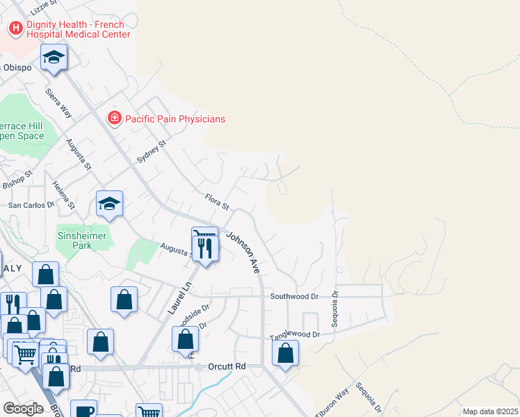 map of restaurants, bars, coffee shops, grocery stores, and more near 3152 Spring Court in San Luis Obispo
