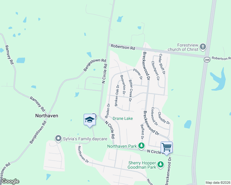 map of restaurants, bars, coffee shops, grocery stores, and more near 5255 Broken Oak Drive in Memphis