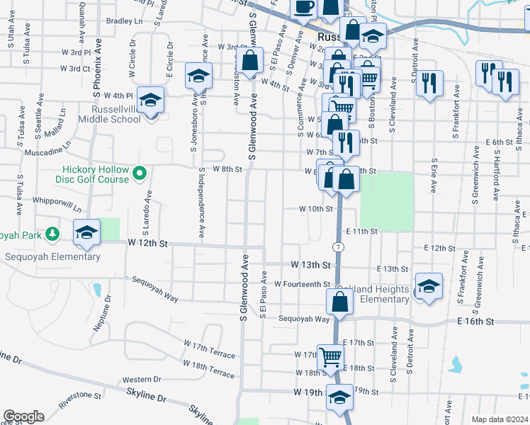 map of restaurants, bars, coffee shops, grocery stores, and more near South El Paso Avenue in Russellville