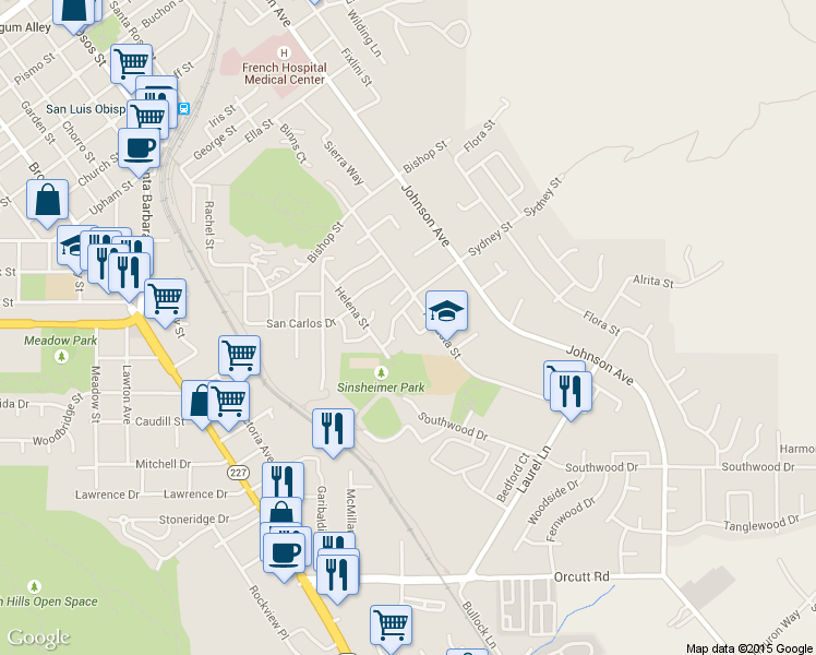 map of restaurants, bars, coffee shops, grocery stores, and more near 1239 Sydney Street in San Luis Obispo