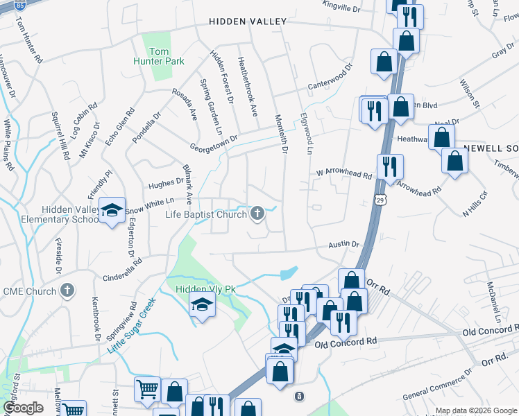 map of restaurants, bars, coffee shops, grocery stores, and more near 5904 Amberly Lane in Charlotte