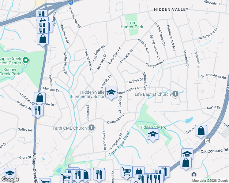 map of restaurants, bars, coffee shops, grocery stores, and more near 5137 Snow White Lane in Charlotte