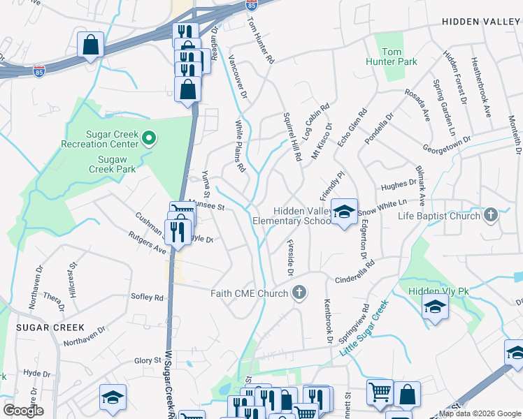 map of restaurants, bars, coffee shops, grocery stores, and more near 4626 Hidden Valley Road in Charlotte