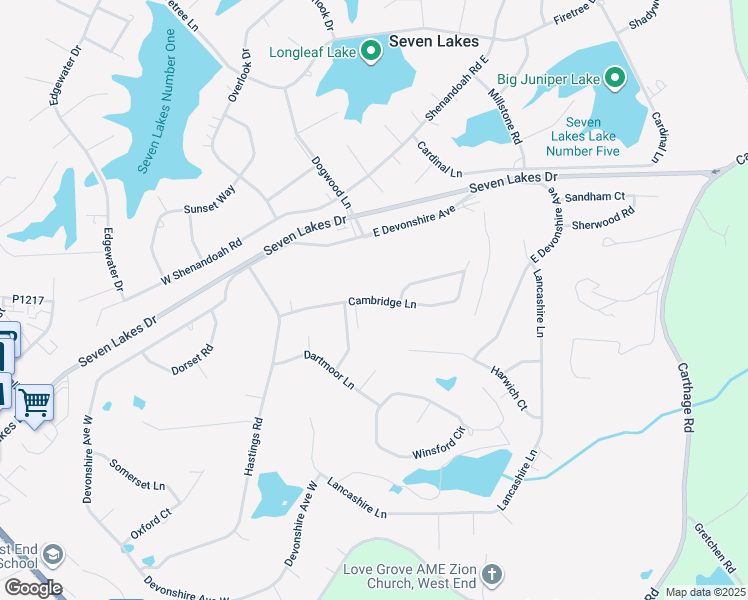 map of restaurants, bars, coffee shops, grocery stores, and more near Cambridge Lane in Seven Lakes