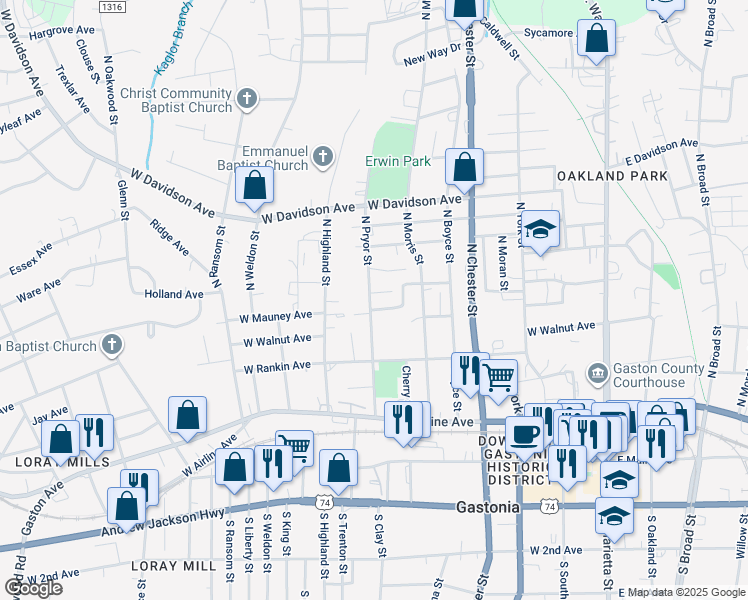 map of restaurants, bars, coffee shops, grocery stores, and more near 406 North Pryor Street in Gastonia