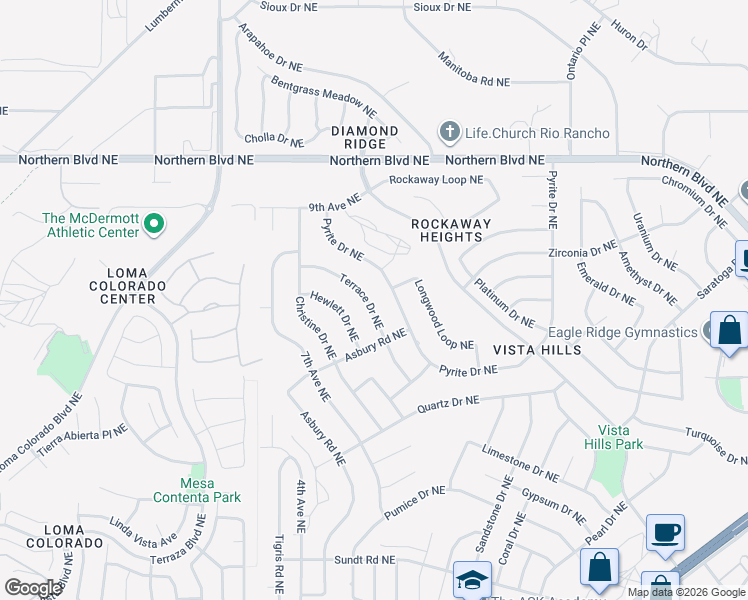 map of restaurants, bars, coffee shops, grocery stores, and more near 544 Terrace Drive Northeast in Rio Rancho