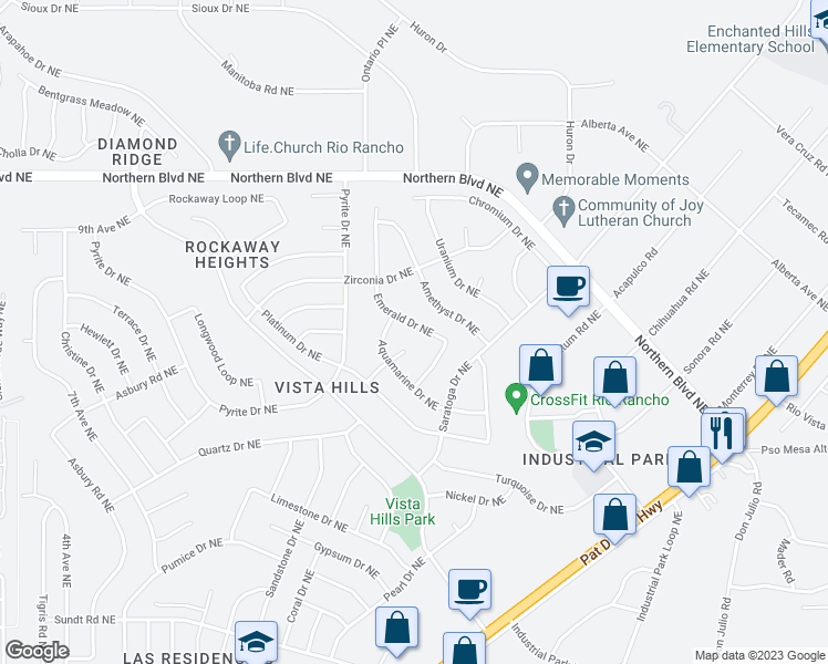 map of restaurants, bars, coffee shops, grocery stores, and more near 633 Emerald Drive Northeast in Rio Rancho