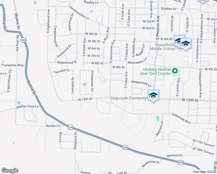 map of restaurants, bars, coffee shops, grocery stores, and more near 1010 South Vancouver Avenue in Russellville