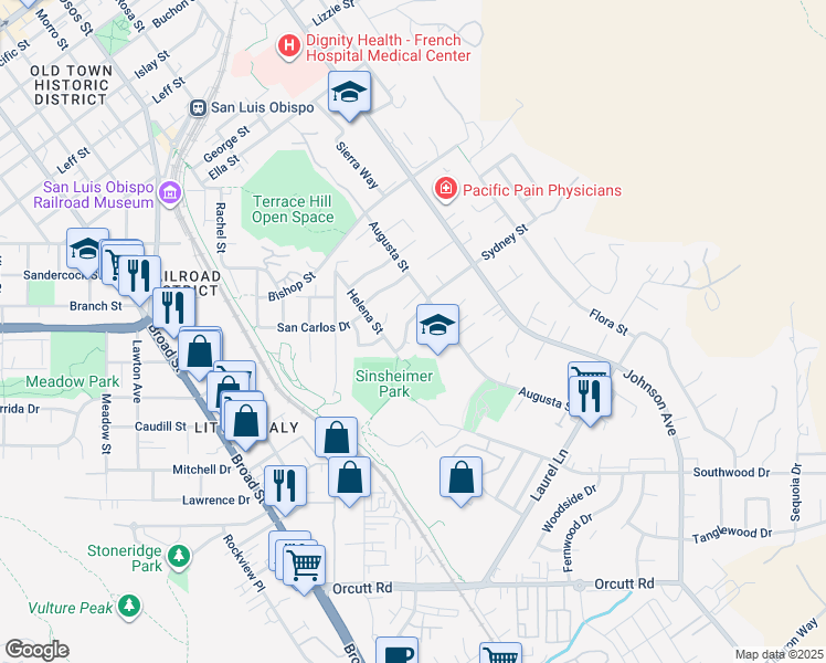 map of restaurants, bars, coffee shops, grocery stores, and more near 1239 Sydney Street in San Luis Obispo