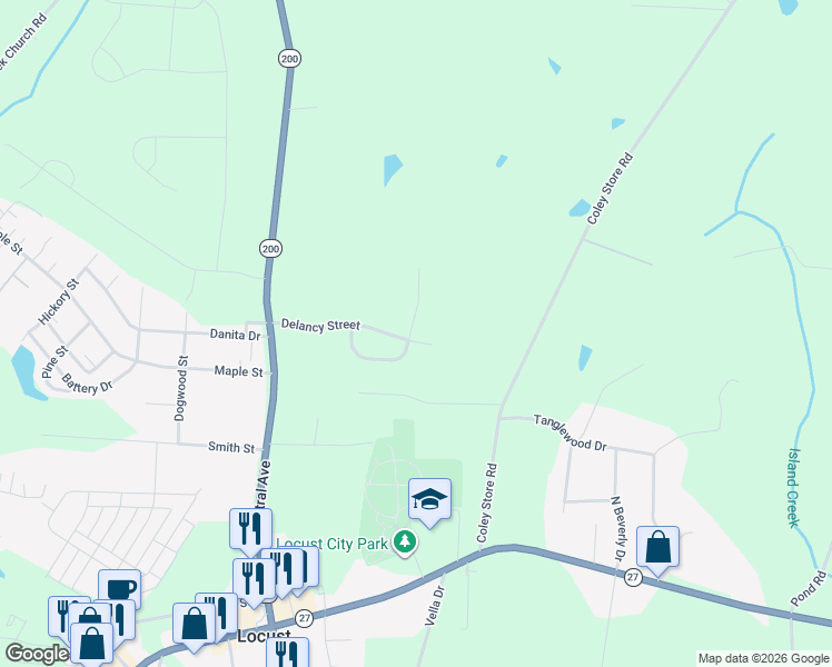 map of restaurants, bars, coffee shops, grocery stores, and more near 202 Vanderbilt Circle in Locust
