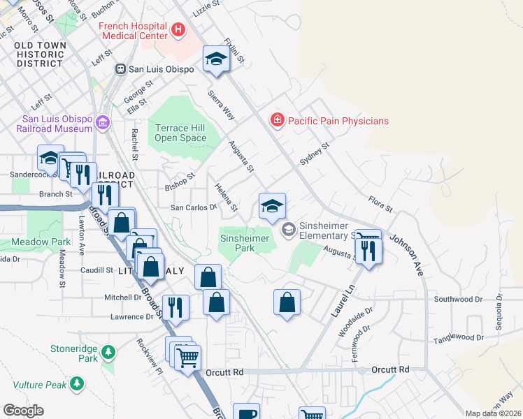 map of restaurants, bars, coffee shops, grocery stores, and more near 1239 Sydney Street in San Luis Obispo