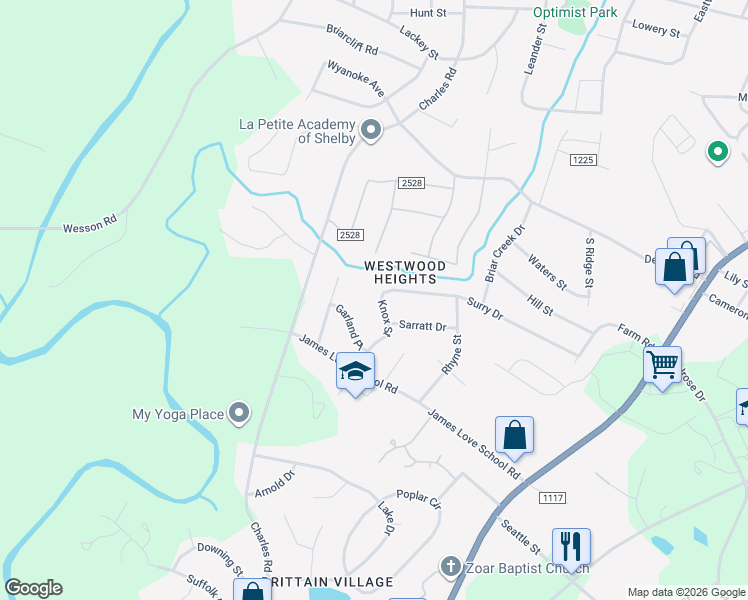 map of restaurants, bars, coffee shops, grocery stores, and more near 1510 Knox Street in Shelby