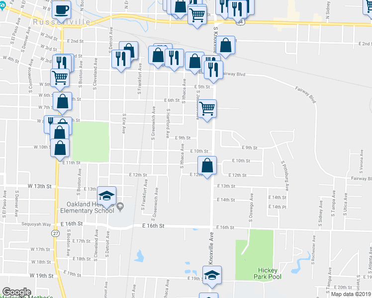 map of restaurants, bars, coffee shops, grocery stores, and more near 907 South Ithaca Avenue in Russellville