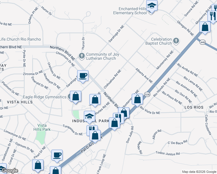 map of restaurants, bars, coffee shops, grocery stores, and more near 708 Chihuahua Road Northeast in Rio Rancho