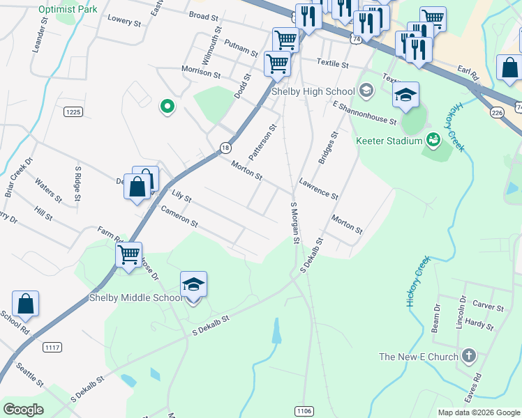 map of restaurants, bars, coffee shops, grocery stores, and more near 227 Southfork Drive in Shelby