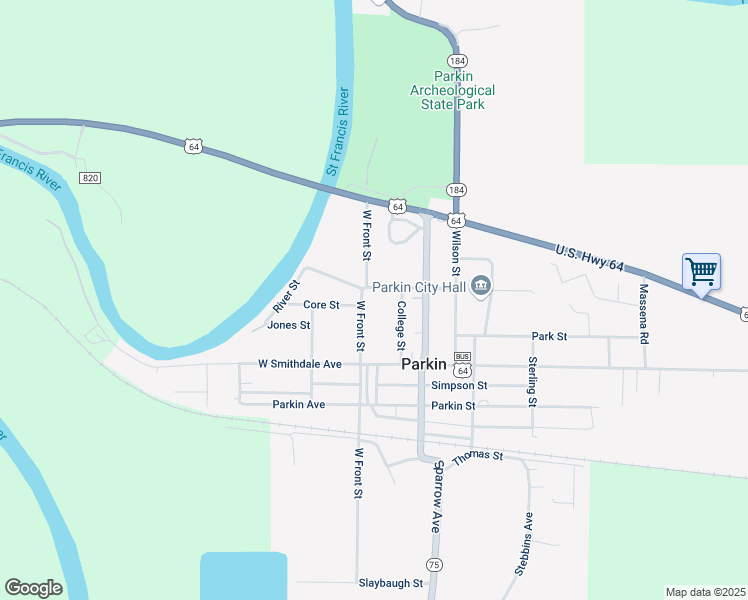 map of restaurants, bars, coffee shops, grocery stores, and more near 109 Coldren Street in Parkin