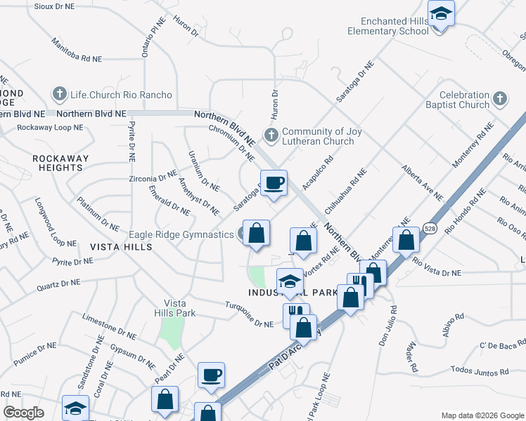 map of restaurants, bars, coffee shops, grocery stores, and more near 641 Quantum Rd NE in Rio Rancho