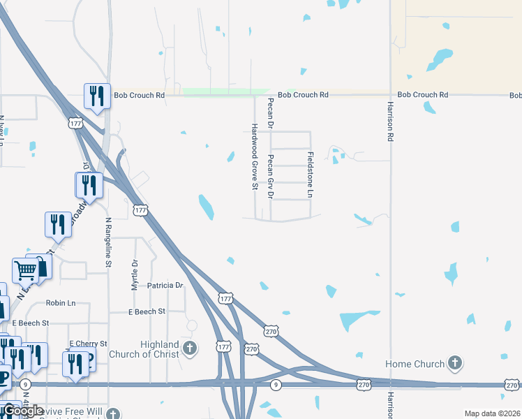 map of restaurants, bars, coffee shops, grocery stores, and more near 1505 Hardwood Grove Street in Tecumseh