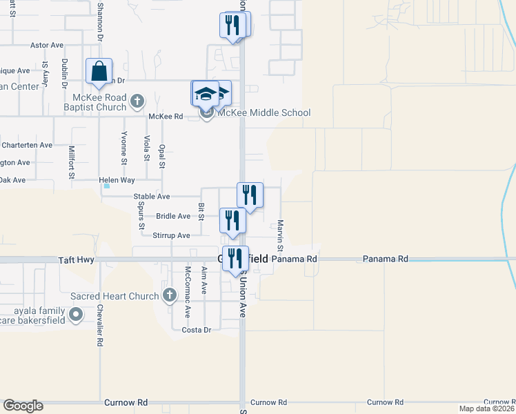 map of restaurants, bars, coffee shops, grocery stores, and more near 9350 South Union Avenue in Bakersfield