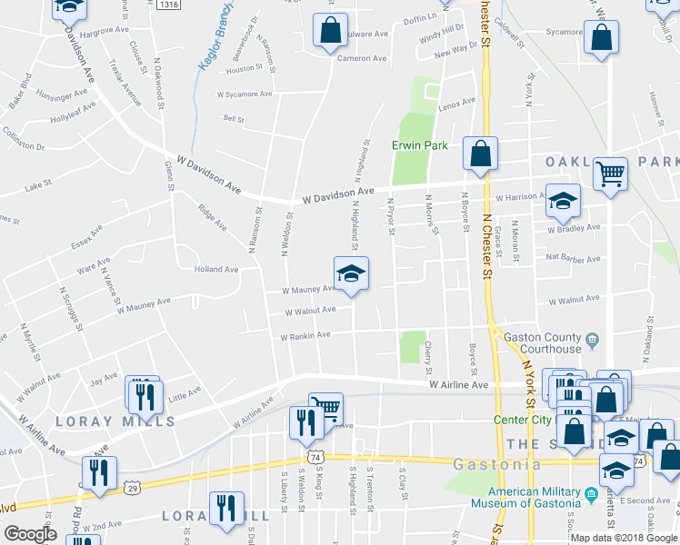map of restaurants, bars, coffee shops, grocery stores, and more near 405 North Highland Street in Gastonia