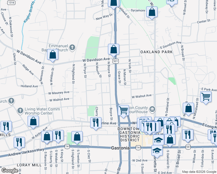 map of restaurants, bars, coffee shops, grocery stores, and more near 407 North Boyce Street in Gastonia
