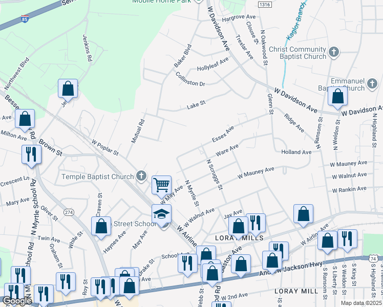 map of restaurants, bars, coffee shops, grocery stores, and more near 1411 Essex Avenue in Gastonia