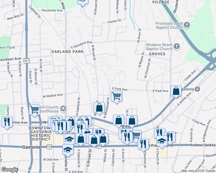 map of restaurants, bars, coffee shops, grocery stores, and more near 523 North Morehead Street in Gastonia