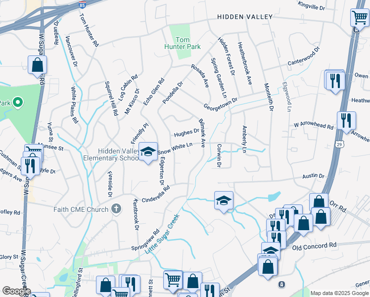 map of restaurants, bars, coffee shops, grocery stores, and more near 5324 Snow White Lane in Charlotte