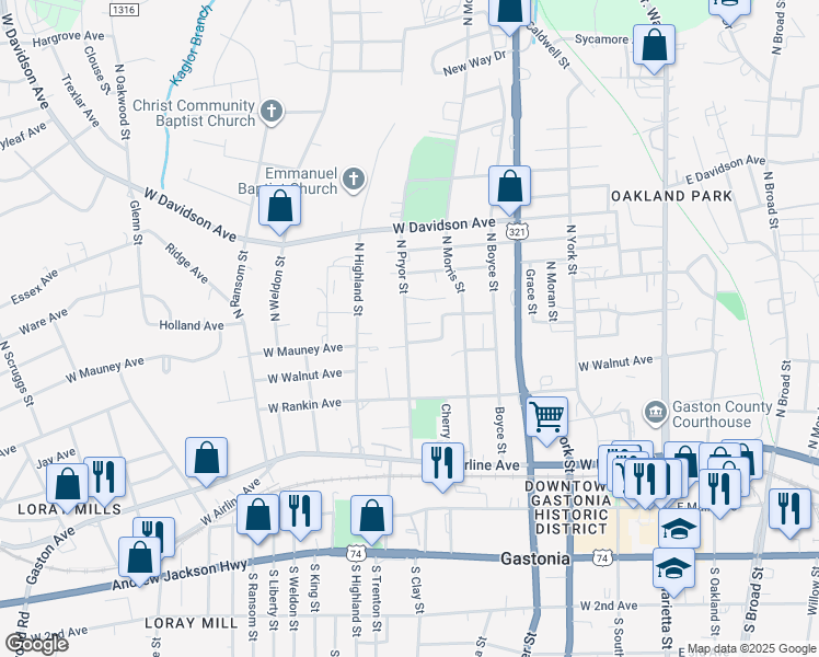 map of restaurants, bars, coffee shops, grocery stores, and more near 408 North Pryor Street in Gastonia