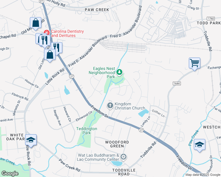 map of restaurants, bars, coffee shops, grocery stores, and more near 5824 Silver Eagle Drive in Charlotte