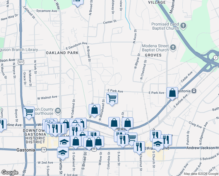 map of restaurants, bars, coffee shops, grocery stores, and more near 523 North Morehead Street in Gastonia