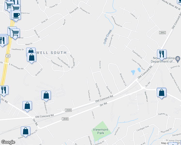 map of restaurants, bars, coffee shops, grocery stores, and more near 6201 King George Dr in Charlotte