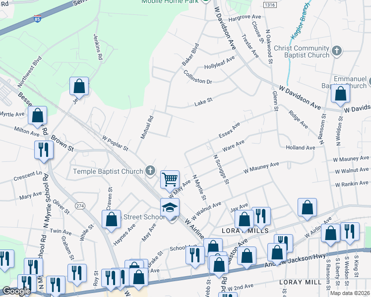 map of restaurants, bars, coffee shops, grocery stores, and more near 1418 Essex Avenue in Gastonia