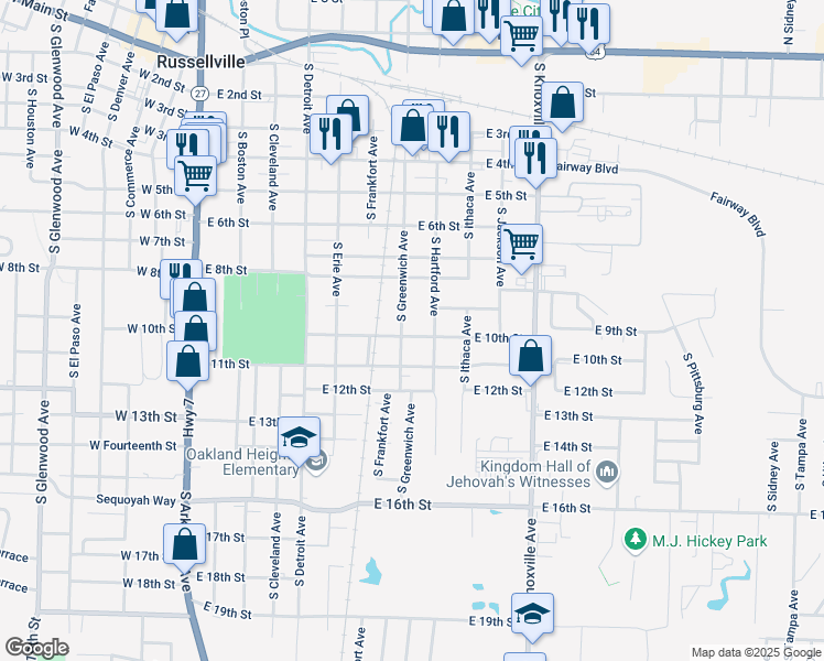 map of restaurants, bars, coffee shops, grocery stores, and more near 595 East 10th Street in Russellville