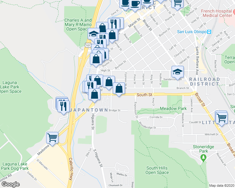 map of restaurants, bars, coffee shops, grocery stores, and more near 230 South Street in San Luis Obispo
