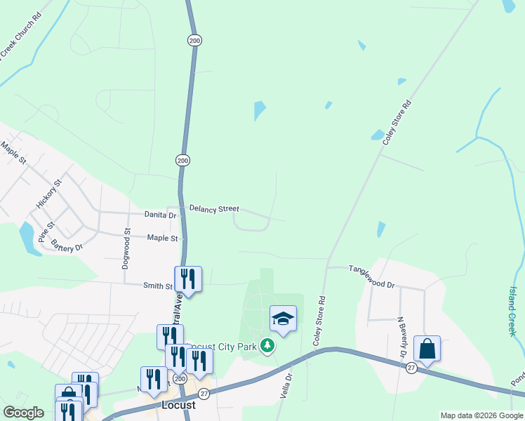 map of restaurants, bars, coffee shops, grocery stores, and more near 202 Vanderbilt Circle in Locust