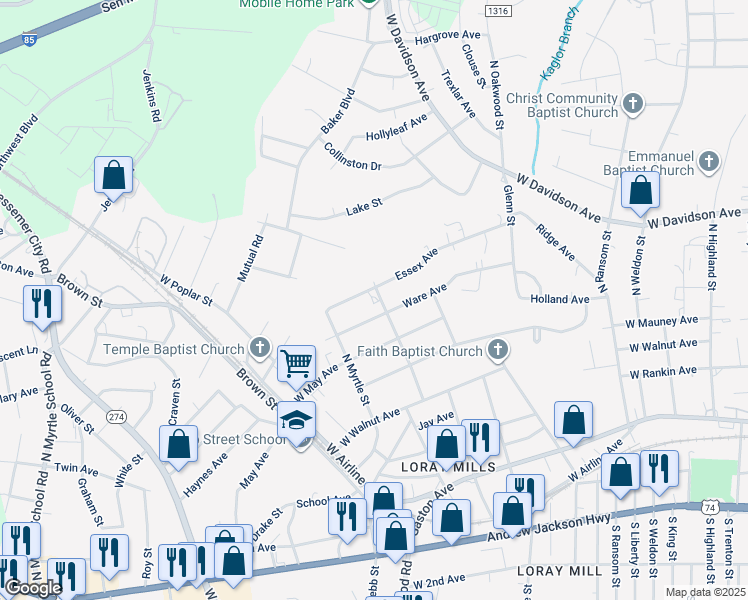 map of restaurants, bars, coffee shops, grocery stores, and more near 709 Scruggs Street in Gastonia