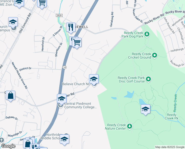 map of restaurants, bars, coffee shops, grocery stores, and more near 7120 Wheyfield Drive in Charlotte